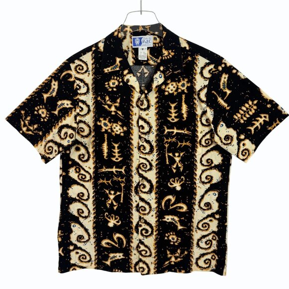 VTG RJC Hawaiian Shirt Mens M Tribal Print Black Cream Short Sleeve Aloha - Picture 1 of 9